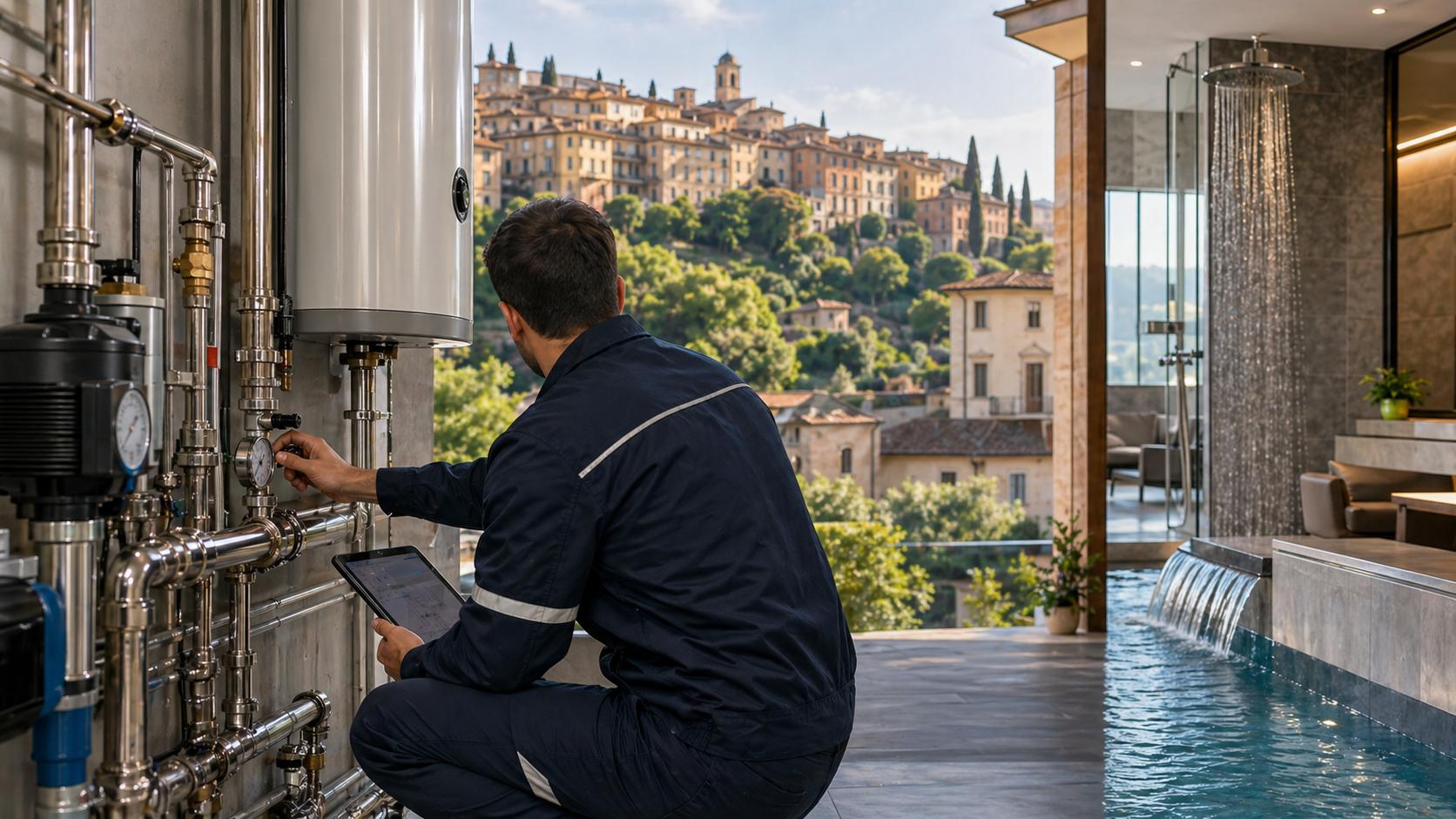 Tecnico specializzato controlla valvole e tubazioni di un impianto idrico per la prevenzione della legionella in condomini e strutture HoReCa a Perugia.