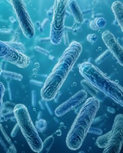 Rappresentazione microscopica di batteri Legionella in acqua, tema legato alla prevenzione del rischio negli impianti idrici.
