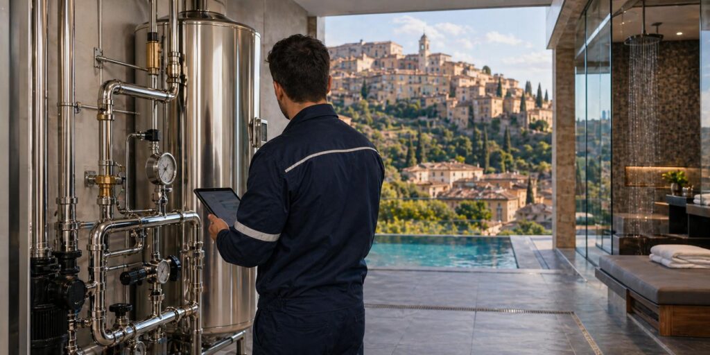 Tecnico specializzato controlla un impianto idrico con tubazioni e serbatoio in una struttura ricettiva, immagine dedicata alla prevenzione della legionella a Perugia in condomini e HoReCa.