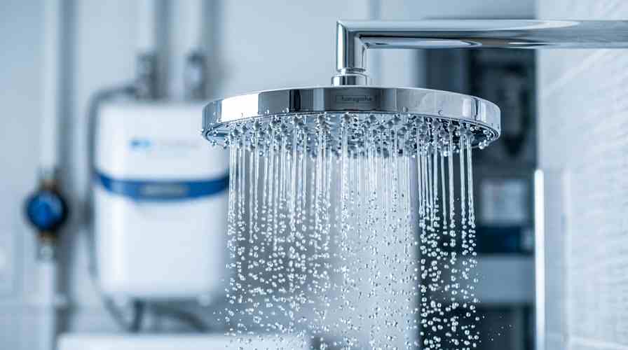 Dettaglio rubinetteria brillante protetta da un addolcitore d'acqua professionale Grundfos.