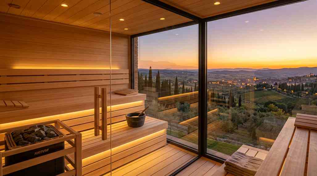 Realizzazione area wellness a Perugia con sauna finlandese in legno di pregio e vista panoramica - TecnoAcque
